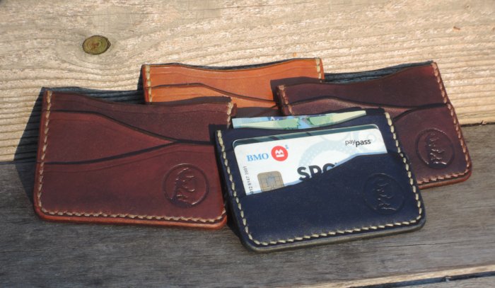 Cardholders dyed with Fiebing's Light Brown, Tan (back), Medium Brown, and Navy (front)
