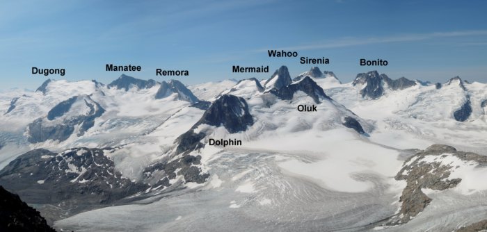 The Manatee groups as seen from Obelia. The snowfield in front of Oluk was the site of the previous day's accident.