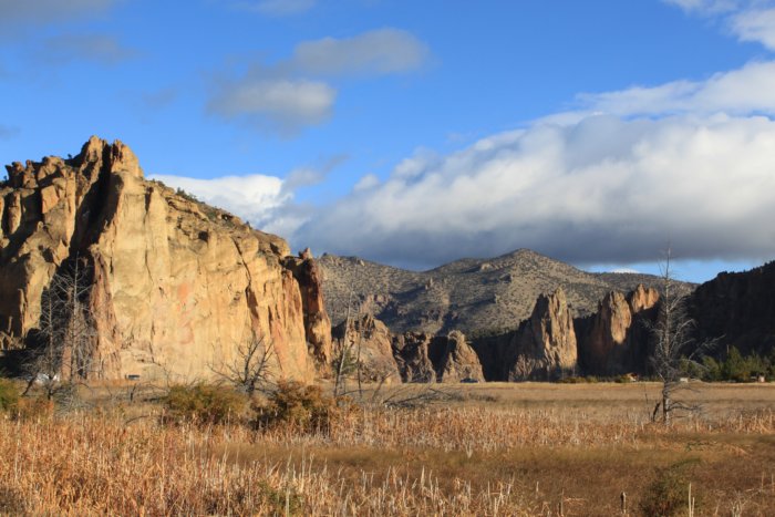 Morning sun on Smith Rock.  Moscow climbs the shadowy buttress on the right of the main formation