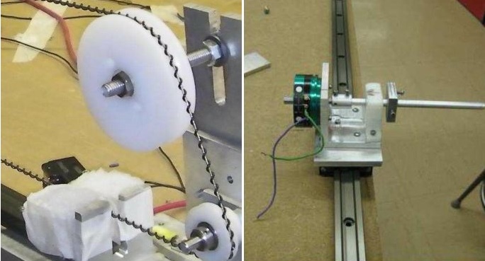 Mechanical details of the build. Left: A nifty helical timing belt coupled the motor to the cart. Right: The base of the pendulum was a cart that slid along a 1m rail. We later regretted using a sliding contact, as modeling friction was an unnecessary headache.