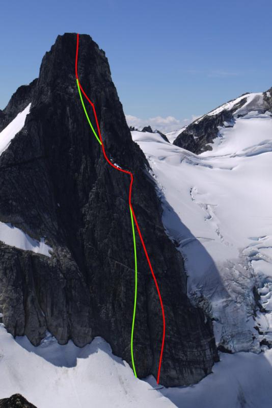 Our approximate routes up Wahoo Tower. Green - Articling Blues Buttress, 5.10 TD. Red - Blues Buttress Direct, 5.10a TD+. The upper deviation of the red route is run out and scary, not recommended.