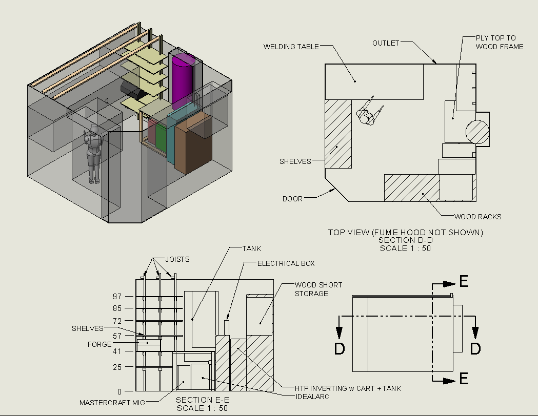 A quick and dirty Solidworks model of the hotroom and the proposed shelf locations (in the back-right corner of the iso view) based on an hour with a tape measurer