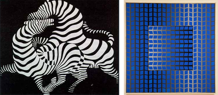 Two works by Vasarely.  Left: Zebras, 1965.  Right: Zett-Kek, 1966, on display in Palm Springs